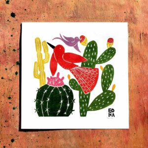 Xilogravura Edna Q01 - Pássaro Vermelho - 38 x 38 cm