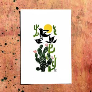 Xilogravura Edna Silva M02 - Cactos e Pássaros - Cor - 48 x 33 cm