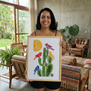 Xilogravura Edna Silva P05 - Cactos e Pássaros - 33 x 24 cm