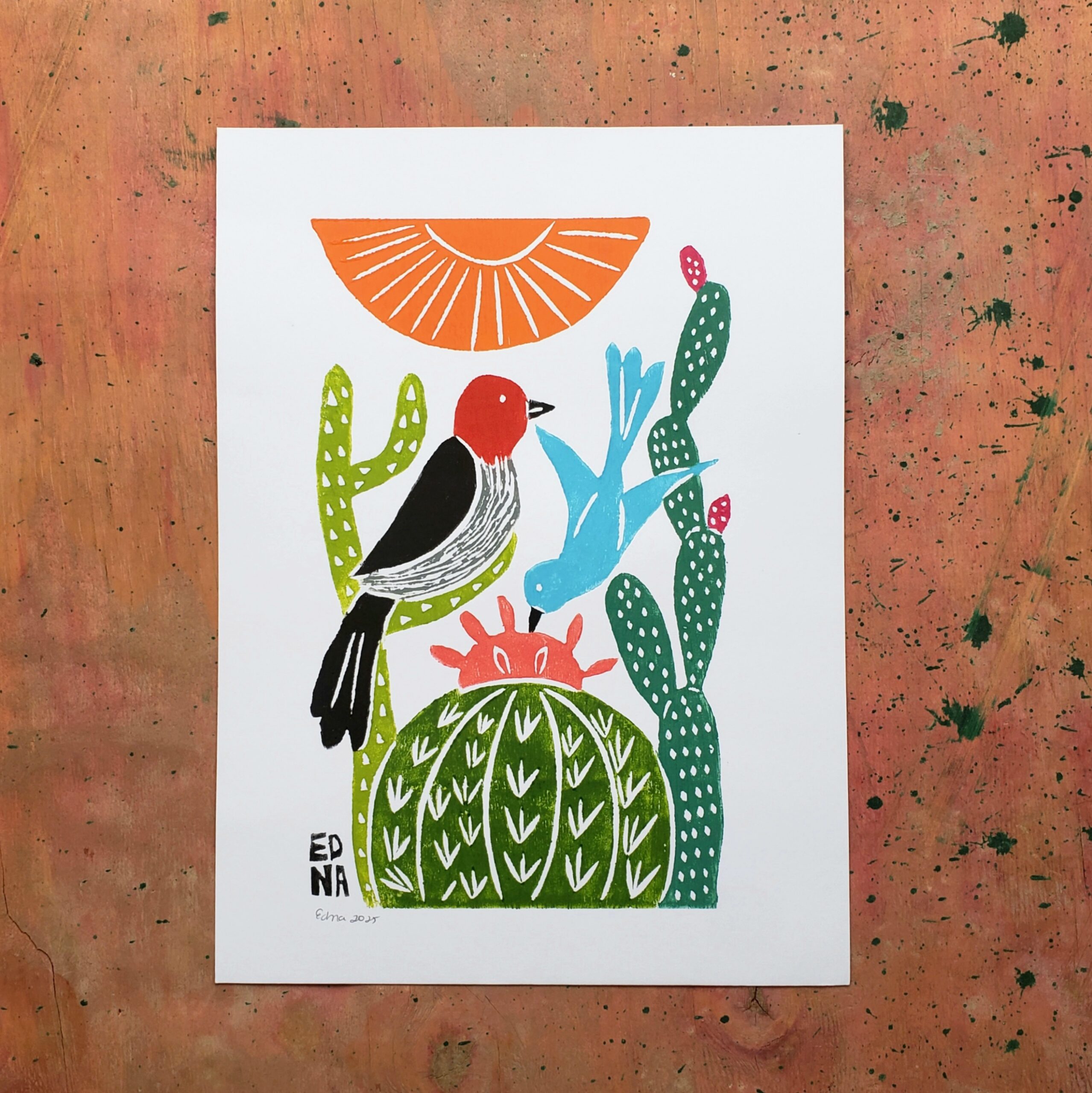 Xilogravura Edna Silva P18 - Cardeal no Cacto - 33 x 24 cm