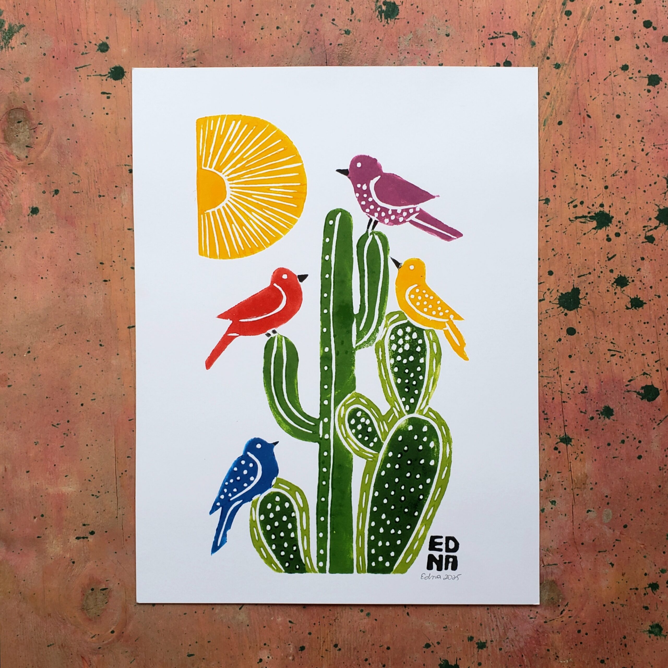 Xilogravura Edna Silva P05 - Cactos e Pássaros - 33 x 24 cm