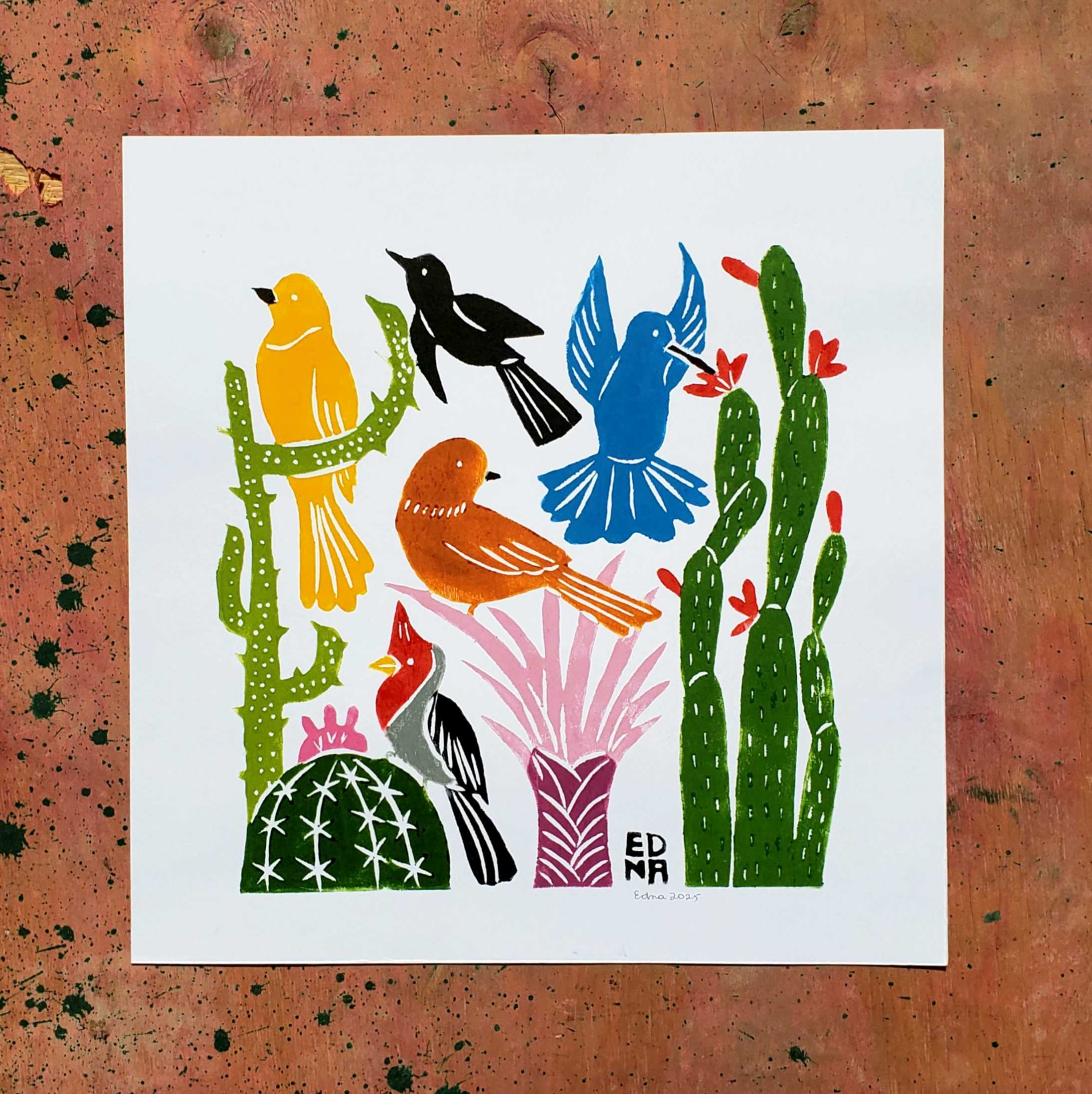 Xilogravura Edna Q02 - Passarinhos no Sertão - 38 x 38 cm