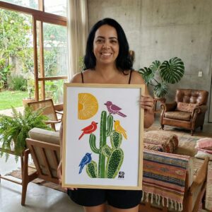 Xilogravura Edna Silva P05 - Cactos e Pássaros - 33 x 24 cm